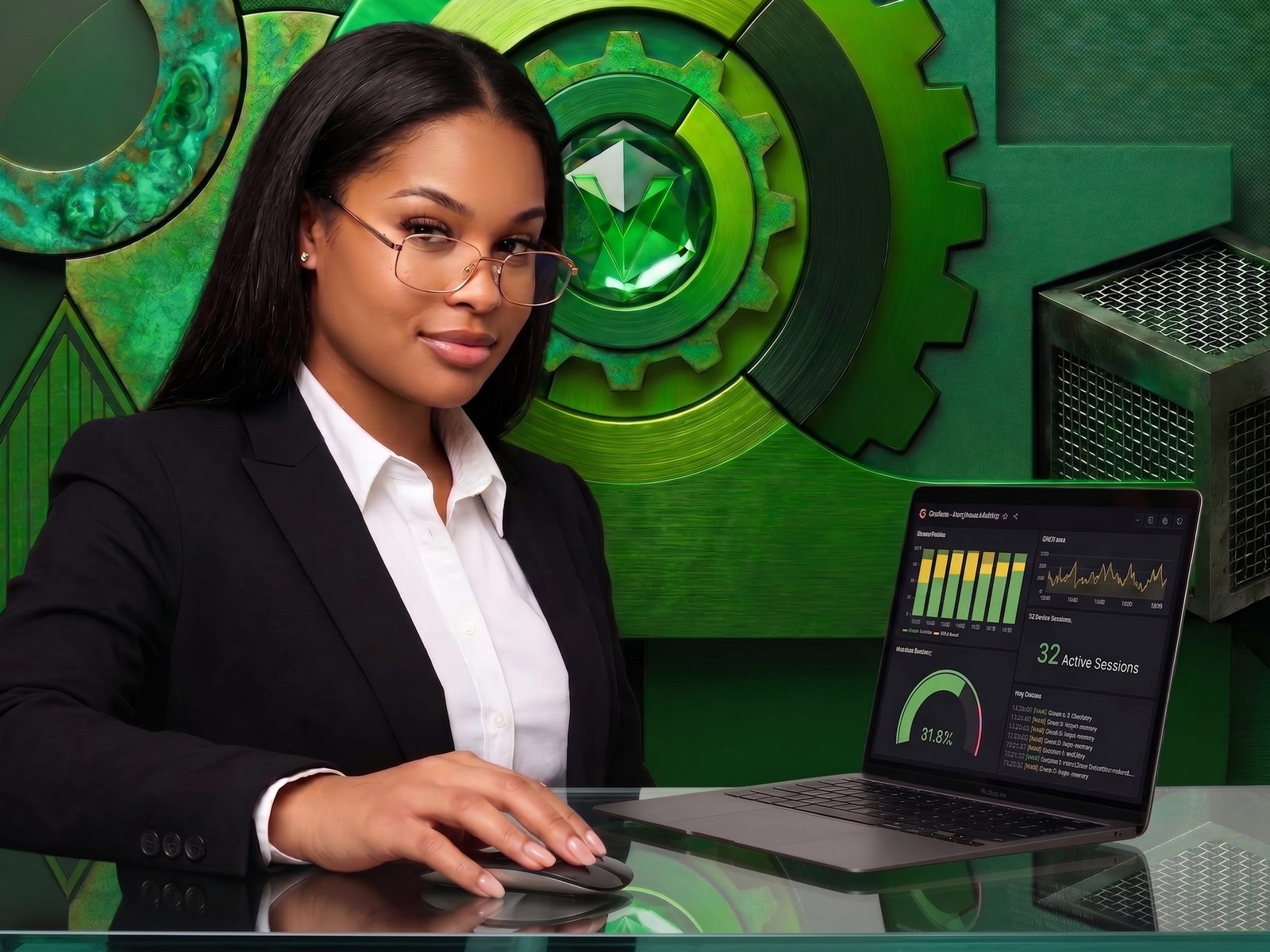 An engineer at a workstation reviewing a live operations dashboard showing cluster health, CPU load, database latency, and active sessions